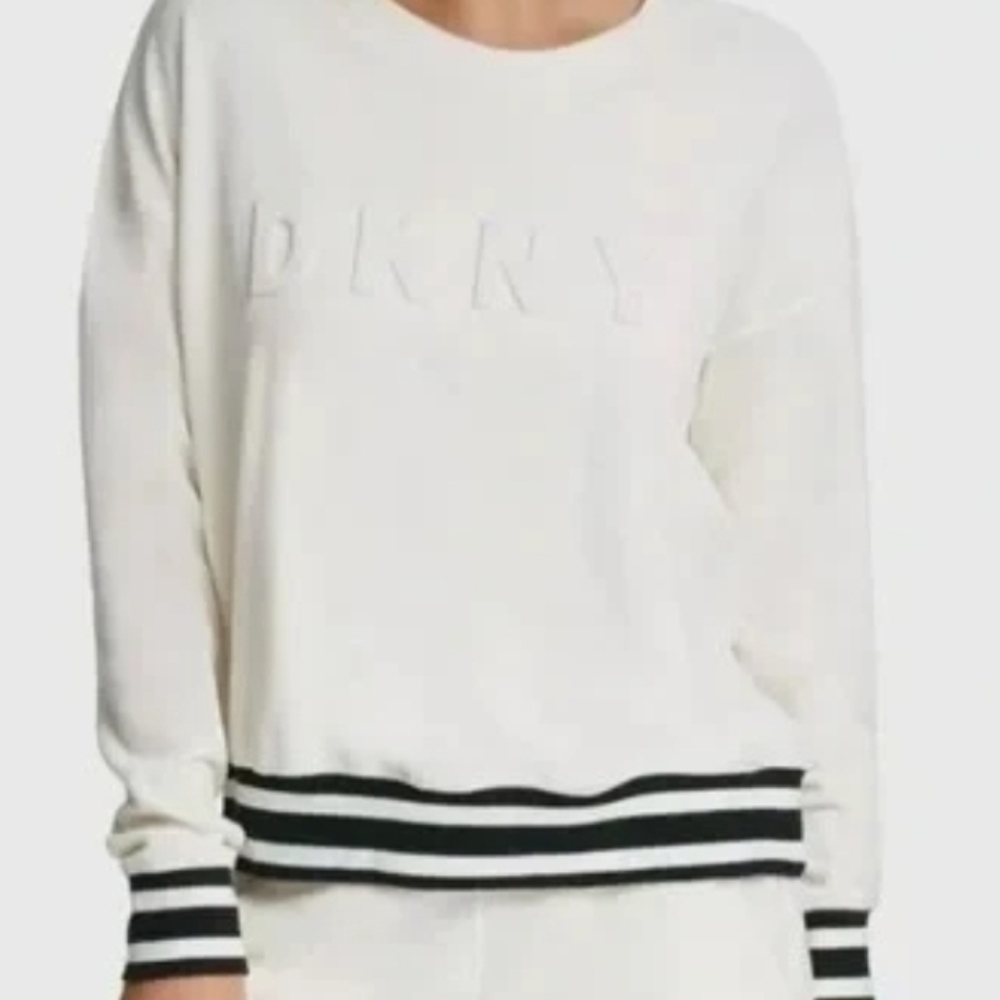 DKNY Women's Cream Sweatshirt with Black Stripes